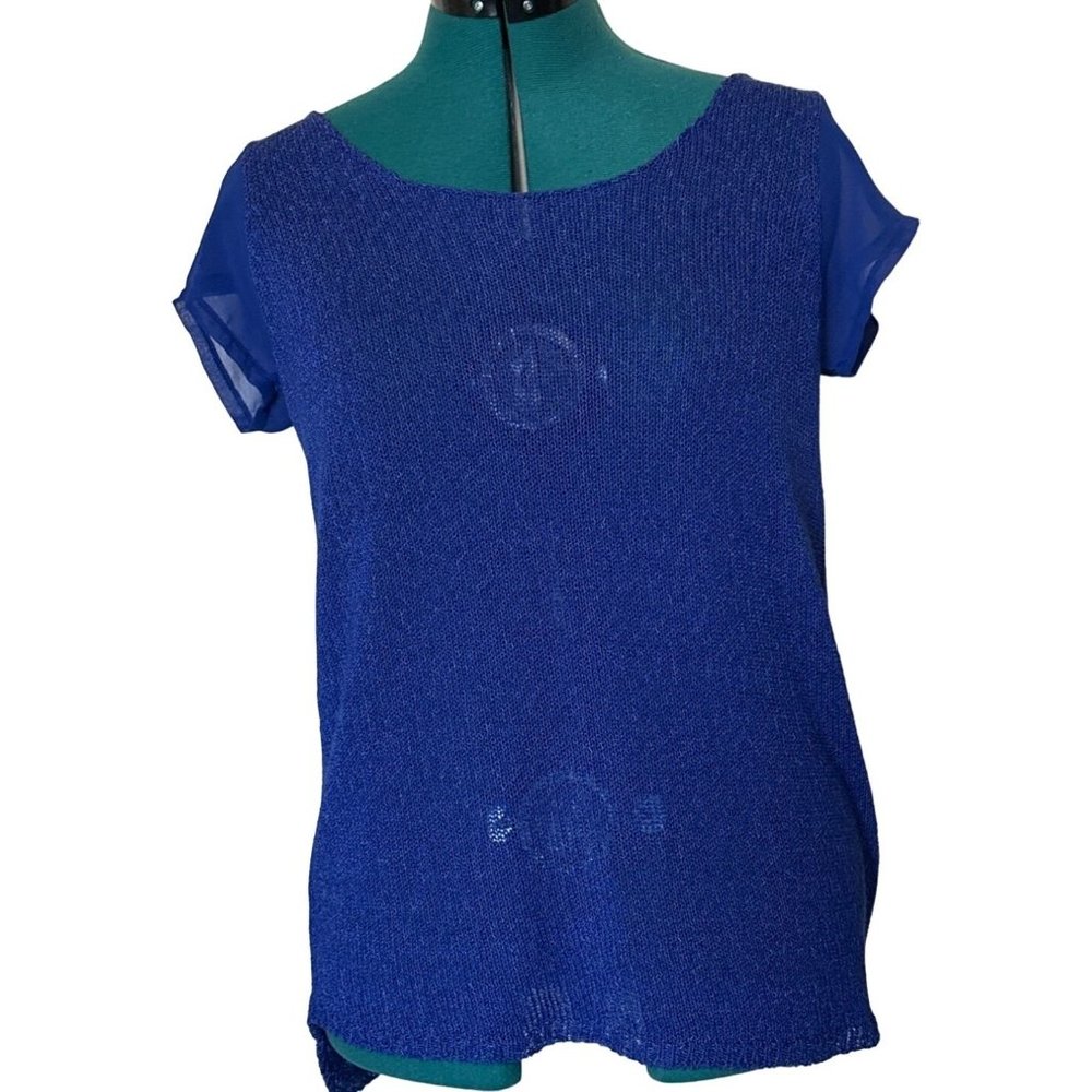 FEVER Blue High Low Knit Top See-Through Cap Sleeve Acrylic Blend Women's Size M
